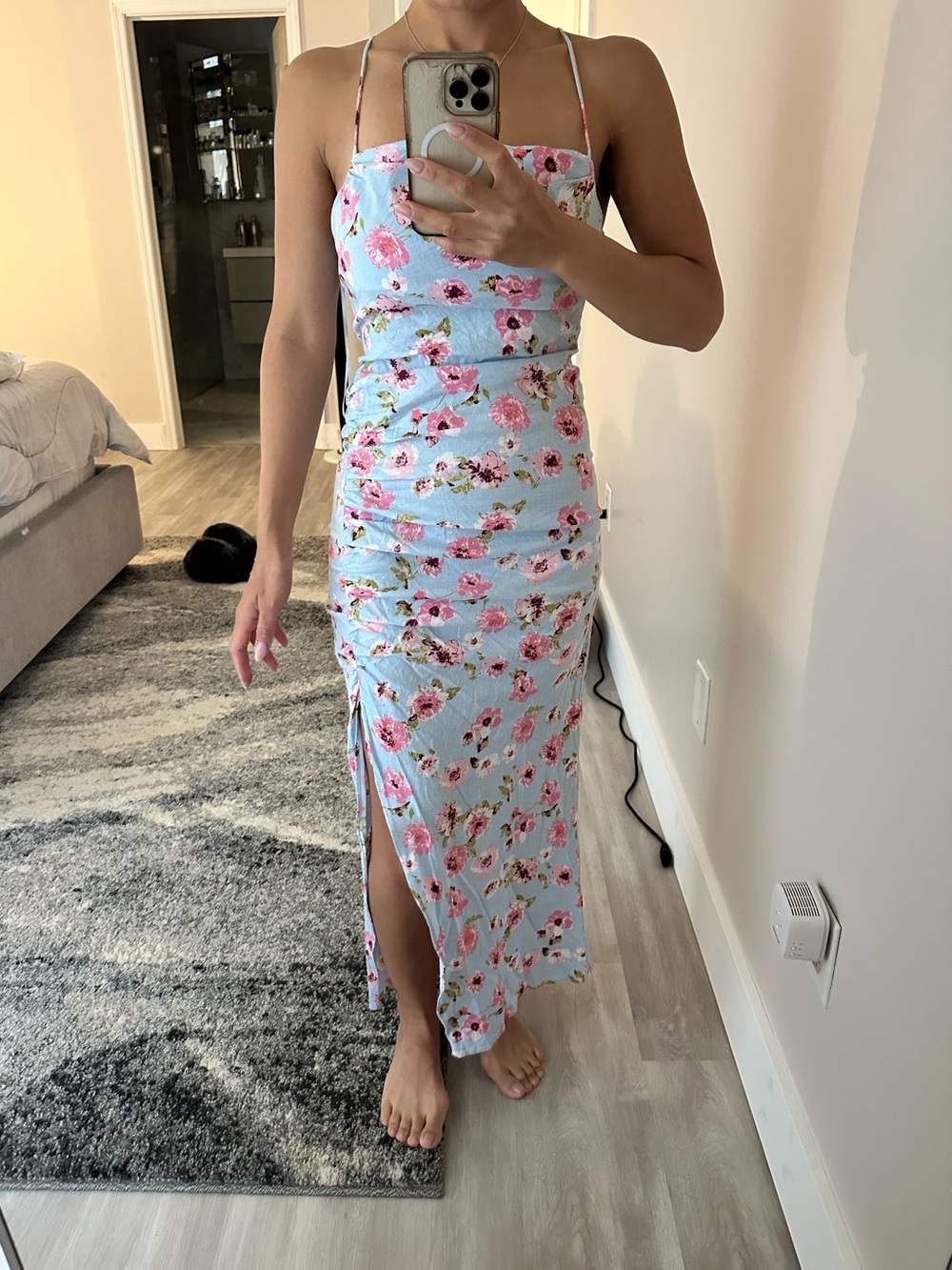 Zara Light Blue Floral Spaghetti-Strap Maxi Dress